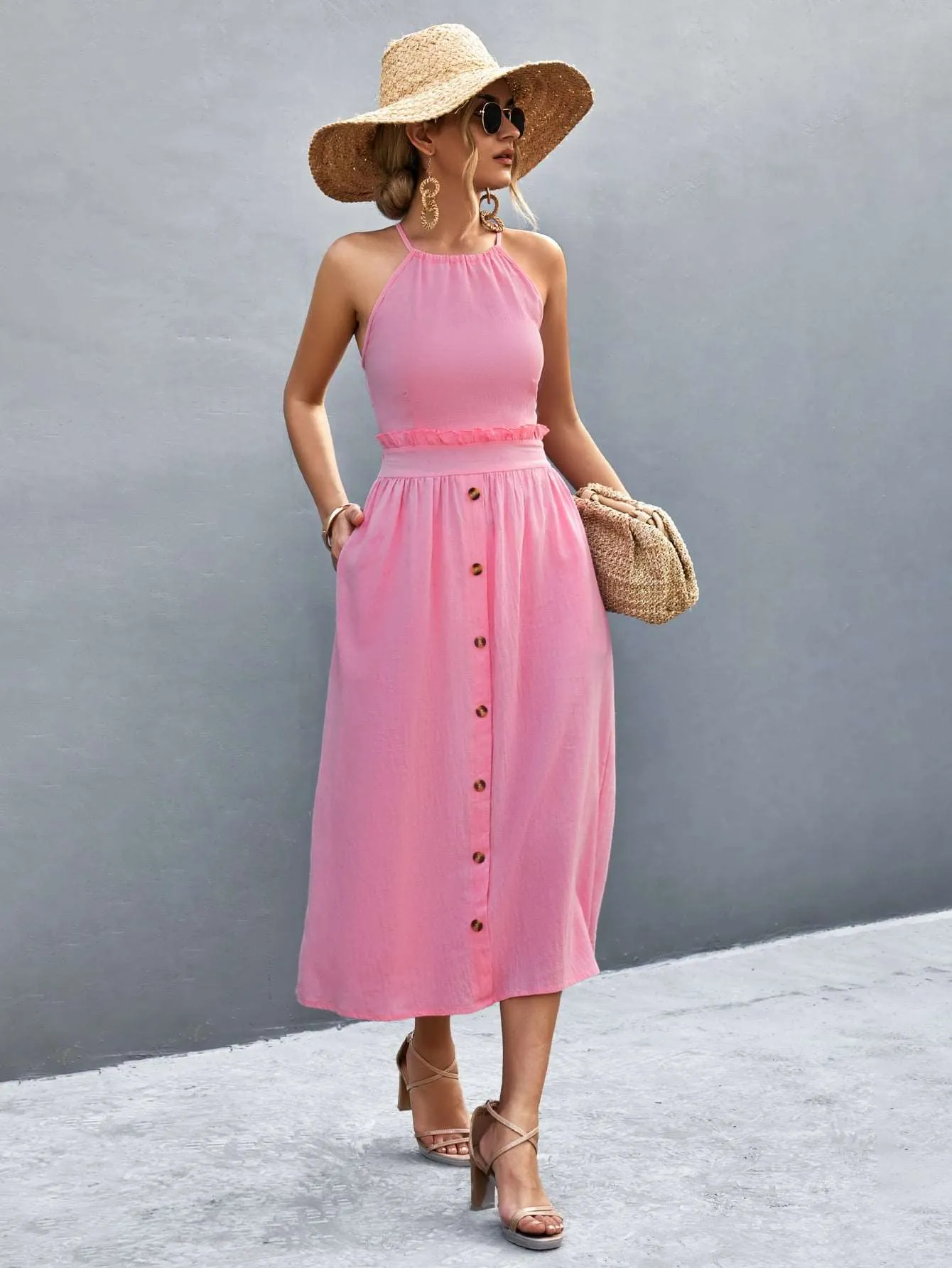 Buttoned Halter Neck Frill Trim Midi Dress (2 Colors)