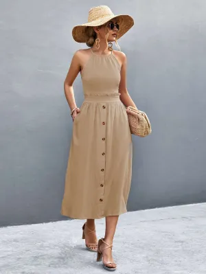 Buttoned Halter Neck Frill Trim Midi Dress (2 Colors)