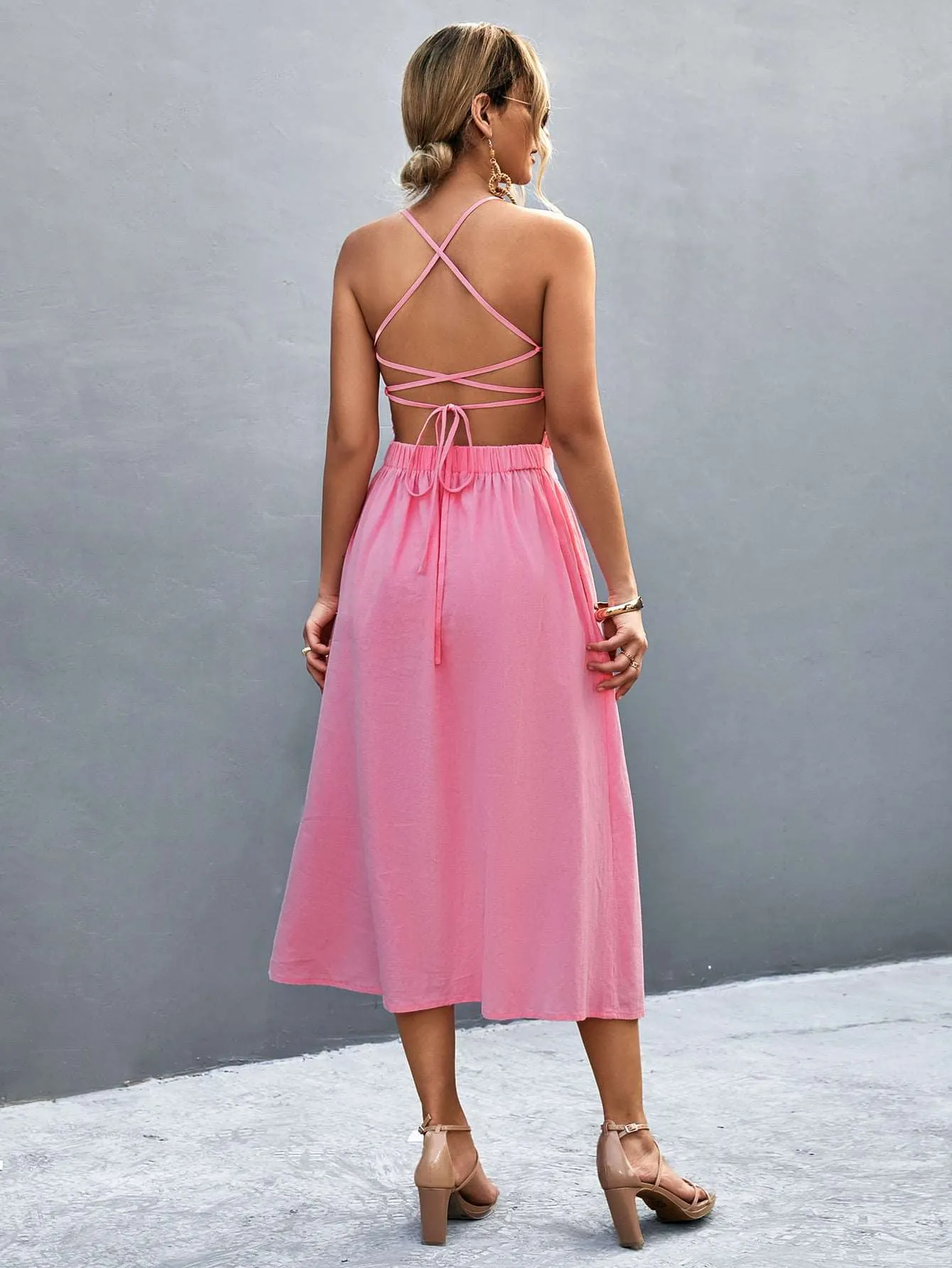 Buttoned Halter Neck Frill Trim Midi Dress (2 Colors)