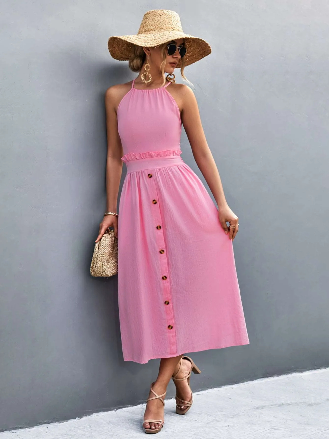 Buttoned Halter Neck Frill Trim Midi Dress (2 Colors)