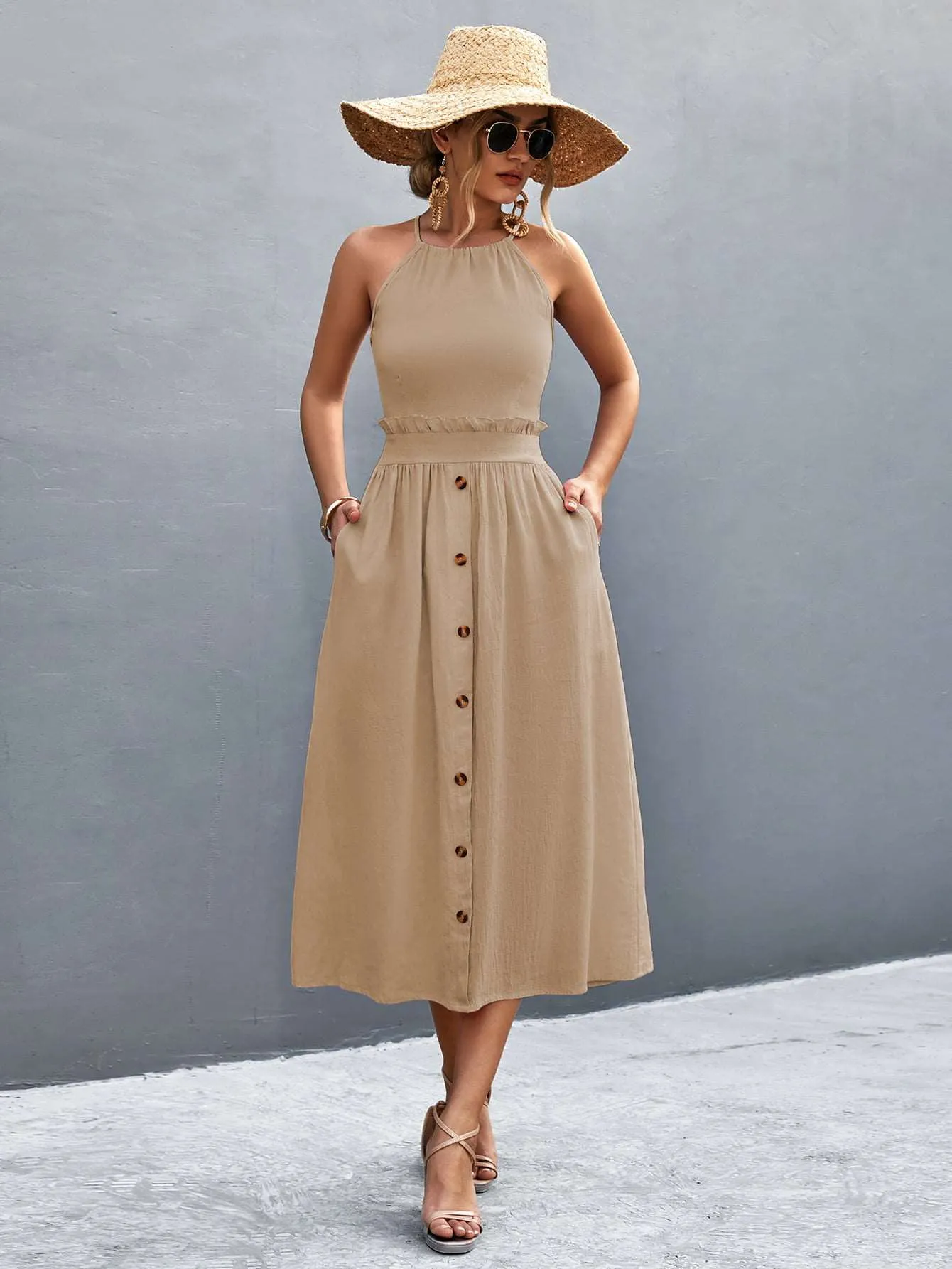 Buttoned Halter Neck Frill Trim Midi Dress (2 Colors)