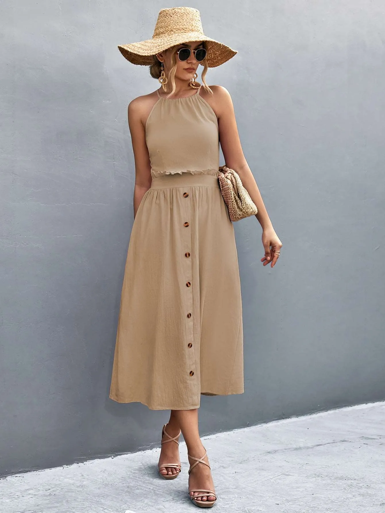 Buttoned Halter Neck Frill Trim Midi Dress (2 Colors)