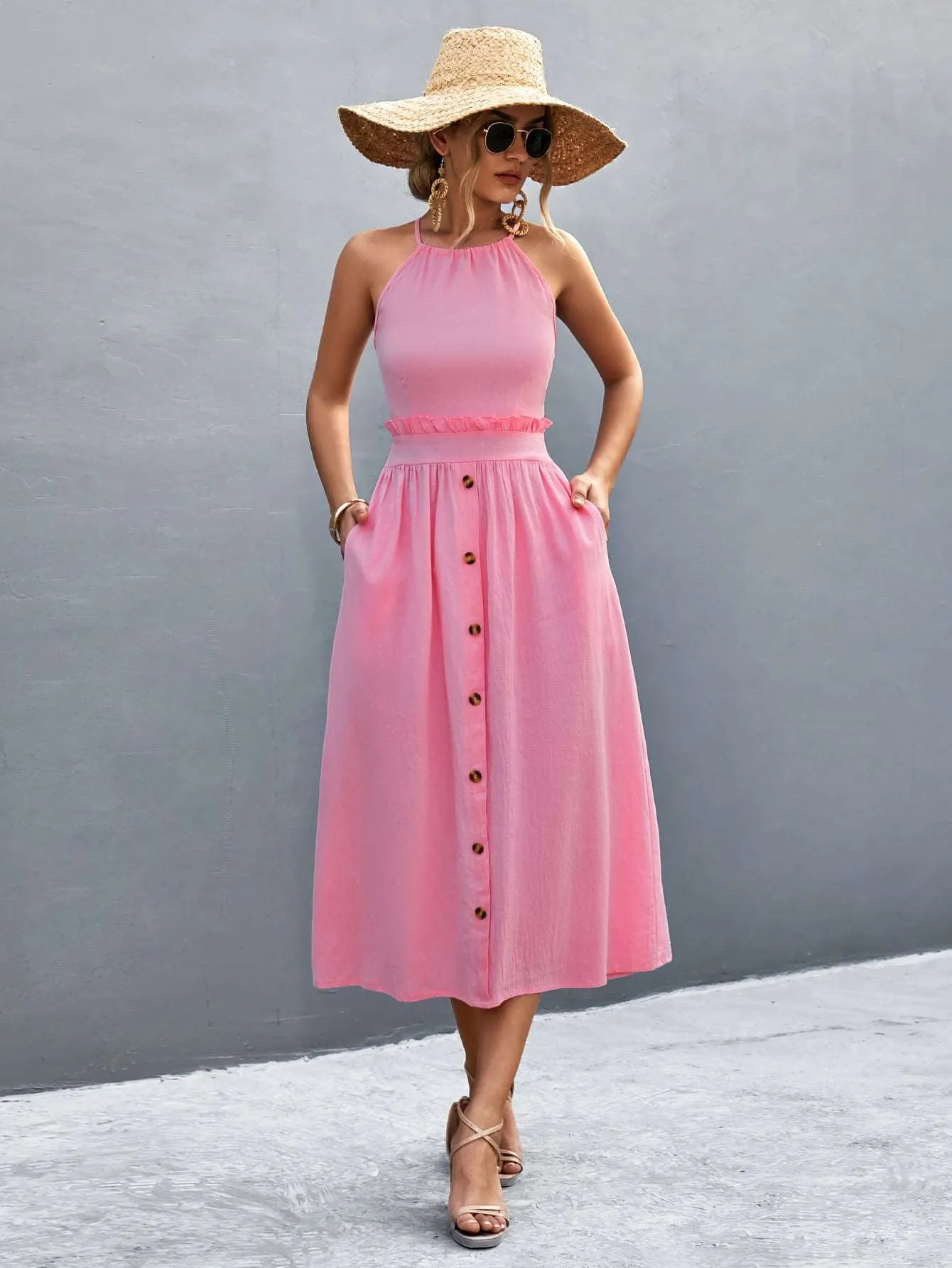 Buttoned Halter Neck Frill Trim Midi Dress (2 Colors)