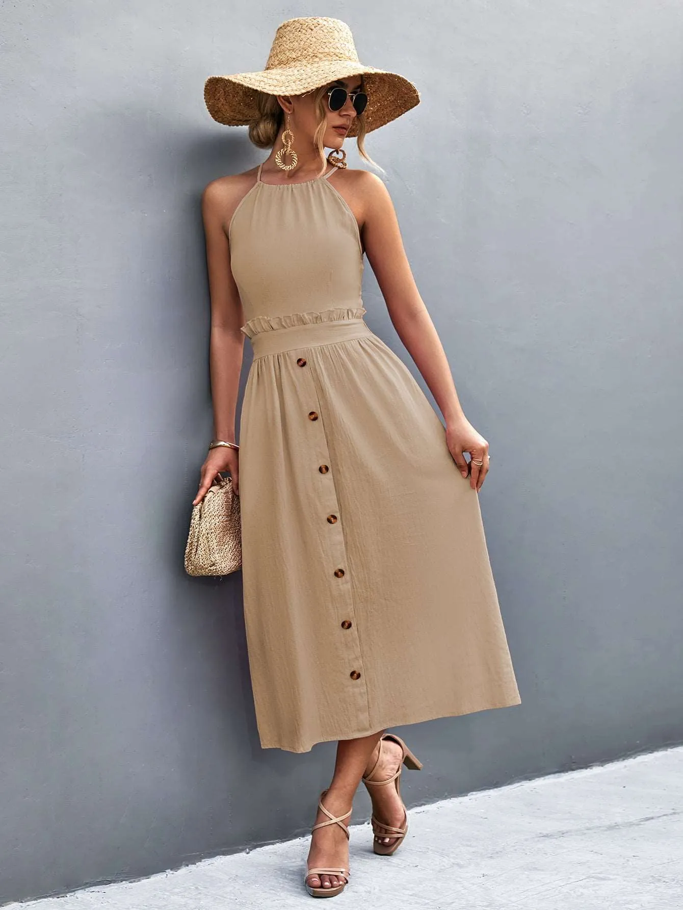 Buttoned Halter Neck Frill Trim Midi Dress (2 Colors)