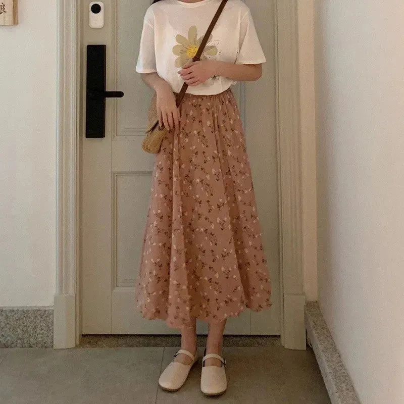 Casual Floral New Fresh High Waist Slimming Korean-style Midi A- Line Skirt