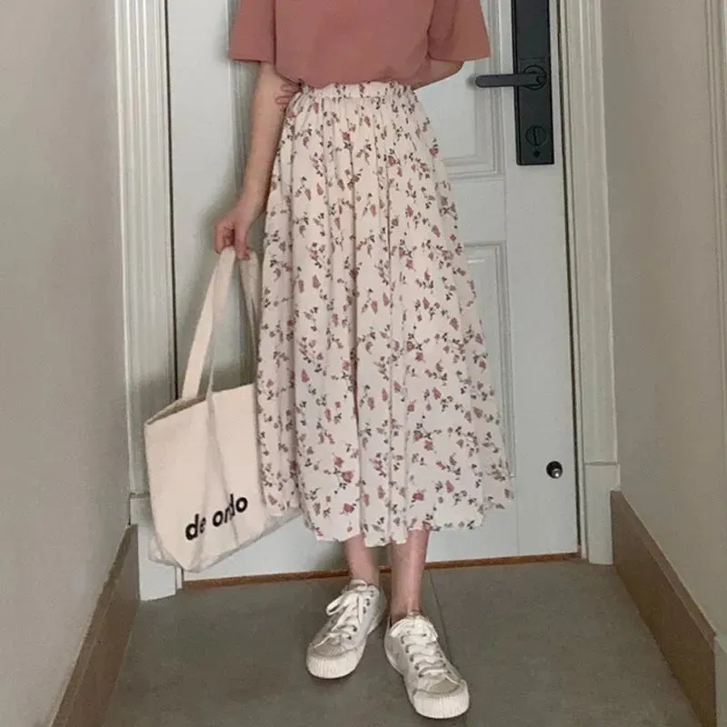 Casual Floral New Fresh High Waist Slimming Korean-style Midi A- Line Skirt