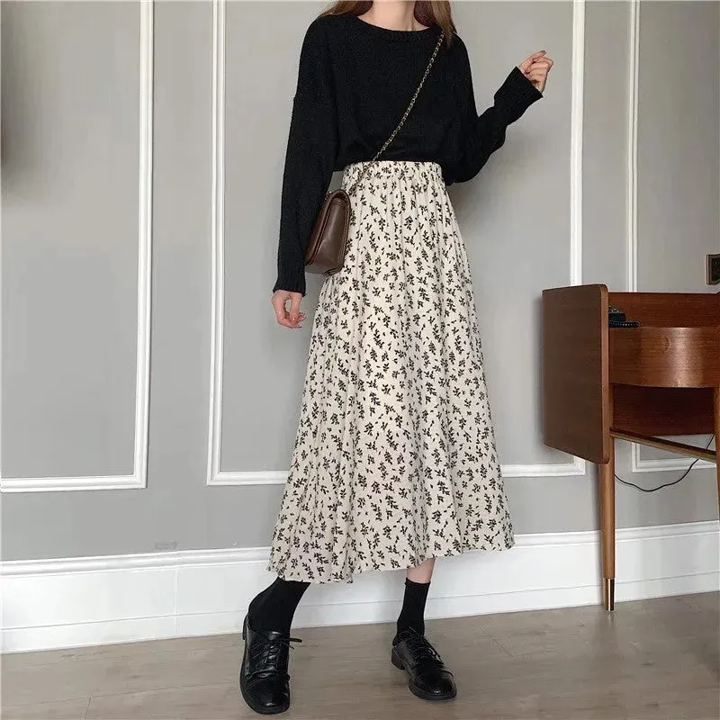 Casual Floral New Fresh High Waist Slimming Korean-style Midi A- Line Skirt