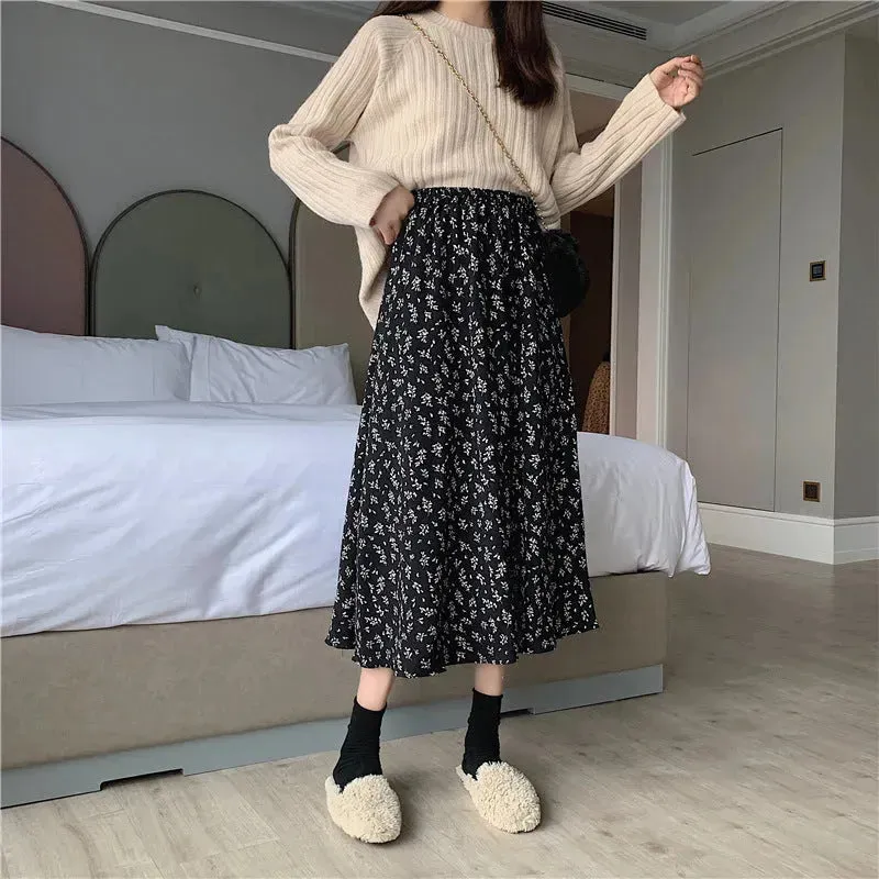 Casual Floral New Fresh High Waist Slimming Korean-style Midi A- Line Skirt