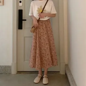 Casual Floral New Fresh High Waist Slimming Korean-style Midi A- Line Skirt