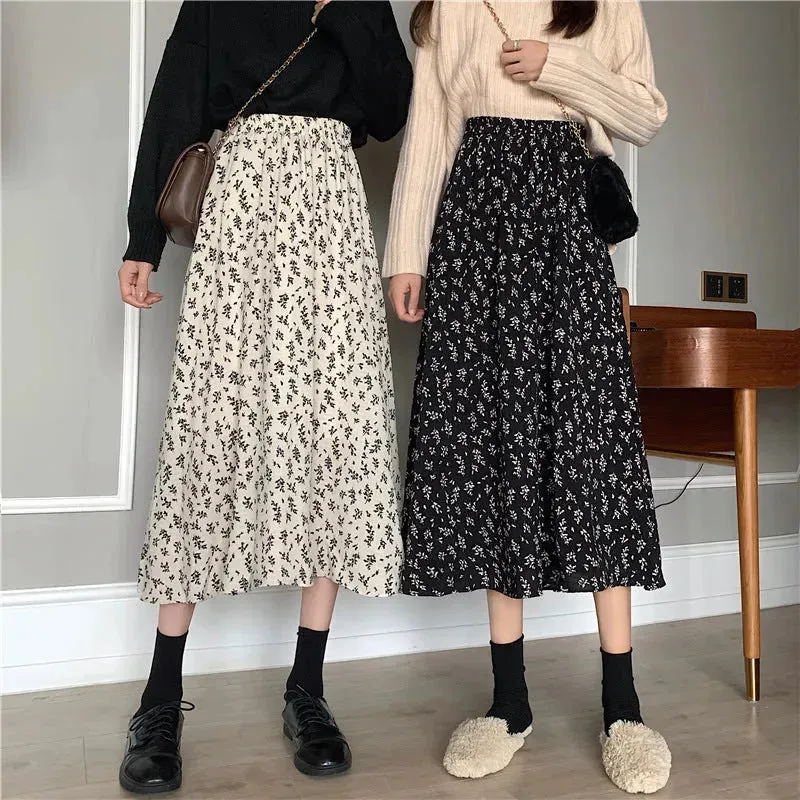 Casual Floral New Fresh High Waist Slimming Korean-style Midi A- Line Skirt