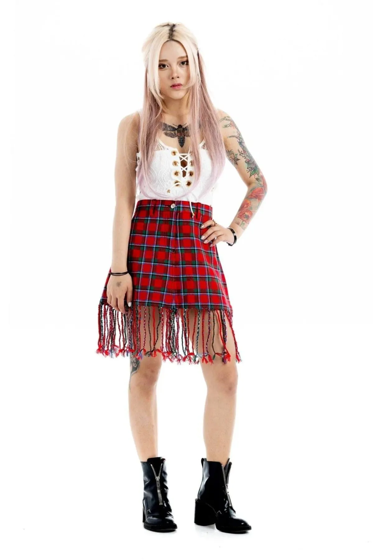 Chic Tartan Fringe Plaid Midi Skirt
