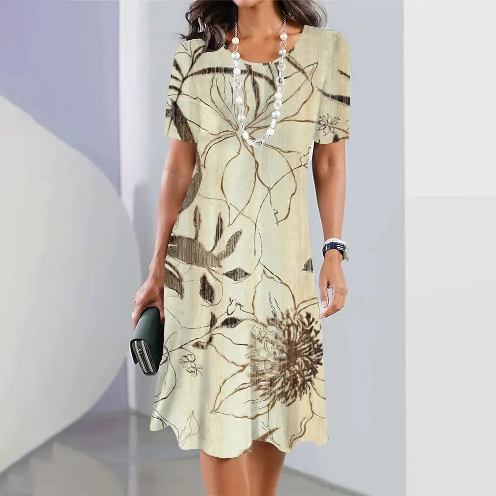 Chic Women's Plus Size Dresses Party Dress Short Sleeve O-Neck Floral Print Midi Dress