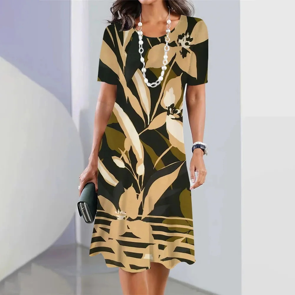 Chic Women's Plus Size Dresses Party Dress Short Sleeve O-Neck Floral Print Midi Dress