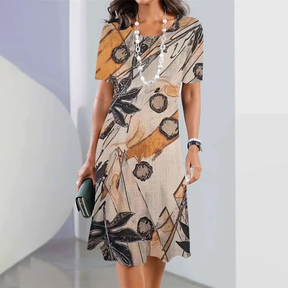 Chic Women's Plus Size Dresses Party Dress Short Sleeve O-Neck Floral Print Midi Dress