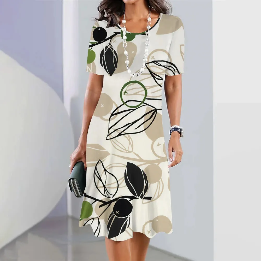 Chic Women's Plus Size Dresses Party Dress Short Sleeve O-Neck Floral Print Midi Dress