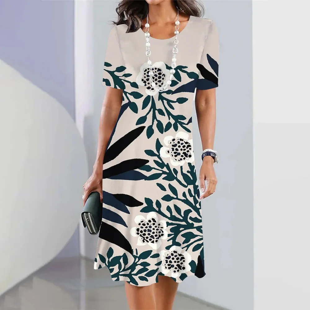 Chic Women's Plus Size Dresses Party Dress Short Sleeve O-Neck Floral Print Midi Dress