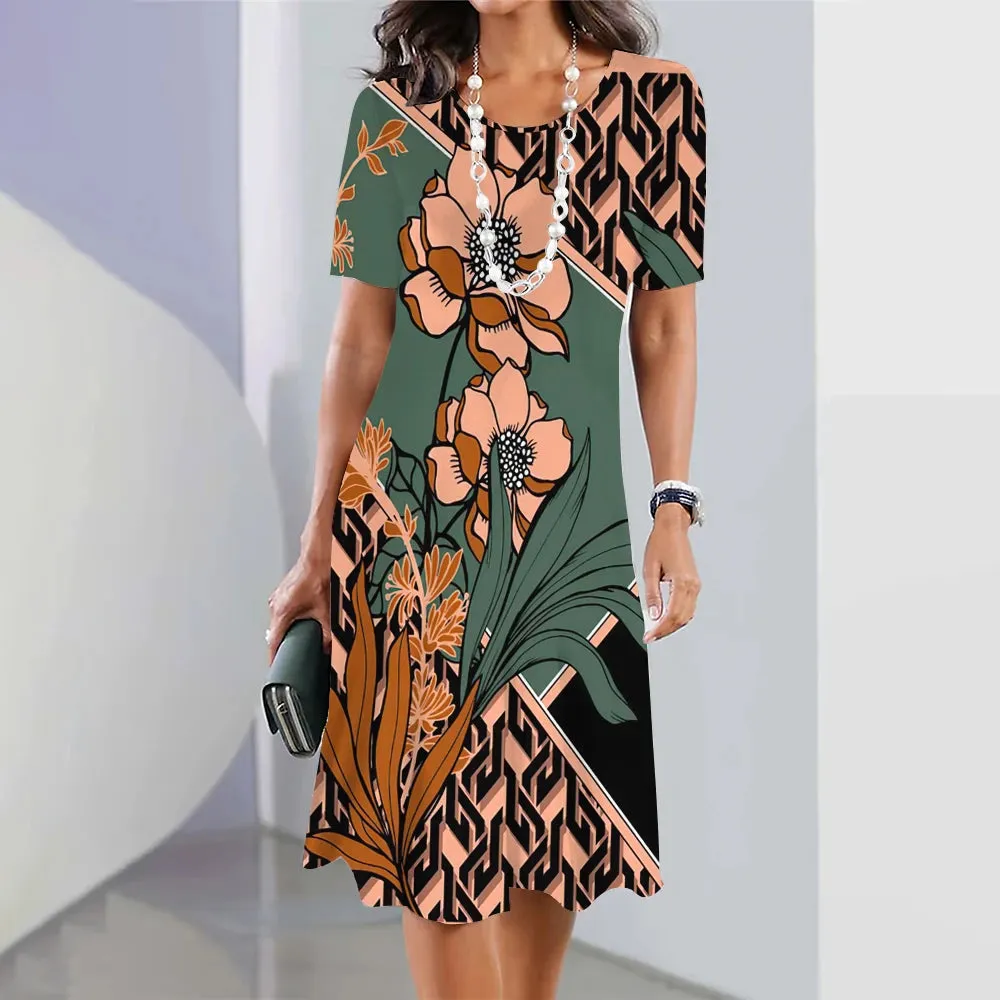 Chic Women's Plus Size Dresses Party Dress Short Sleeve O-Neck Floral Print Midi Dress