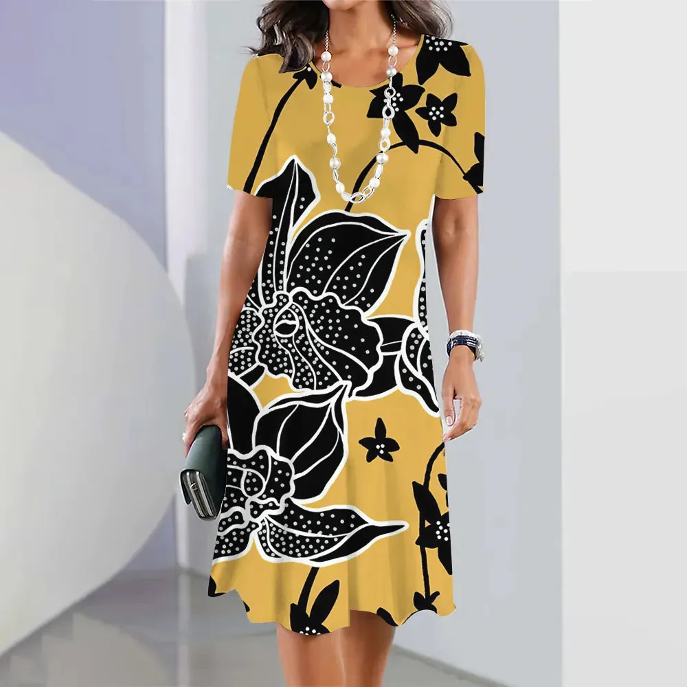 Chic Women's Plus Size Dresses Party Dress Short Sleeve O-Neck Floral Print Midi Dress