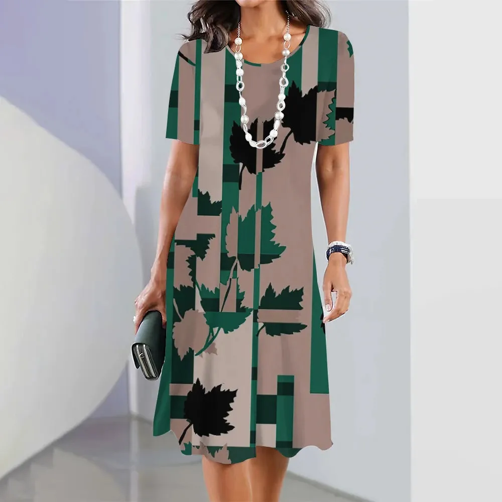 Chic Women's Plus Size Dresses Party Dress Short Sleeve O-Neck Floral Print Midi Dress