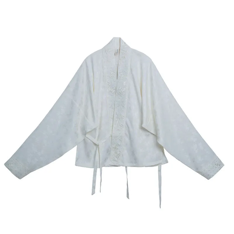 Chinese Style Retro Floral Pattern Embroidery Women's Long Sleeve Mandarin Collar Shirt Hanfu Top