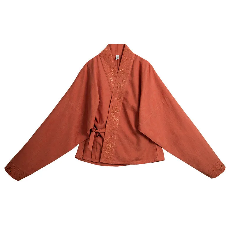 Chinese Style Retro Floral Pattern Embroidery Women's Long Sleeve Mandarin Collar Shirt Hanfu Top