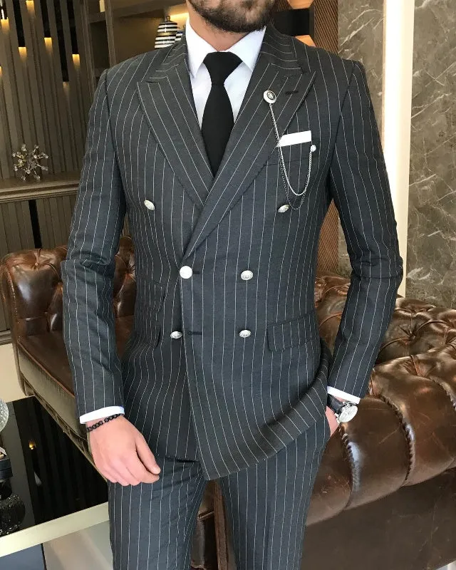 Classic Bespoke Black Striped Double Breasted Slim Fit Business Men Suits
