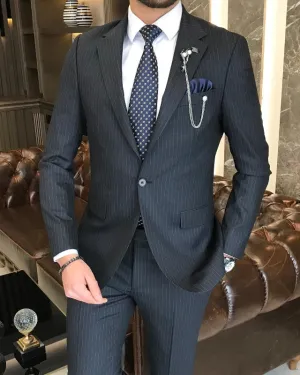 Classic Bespoke Black Striped Slim Fit Notch Lapel Business Suits For Men