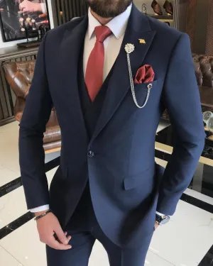 Classic Bespoke Dark Navy Slim Fit Three Pieces Peaked Lapel Business Men Suits