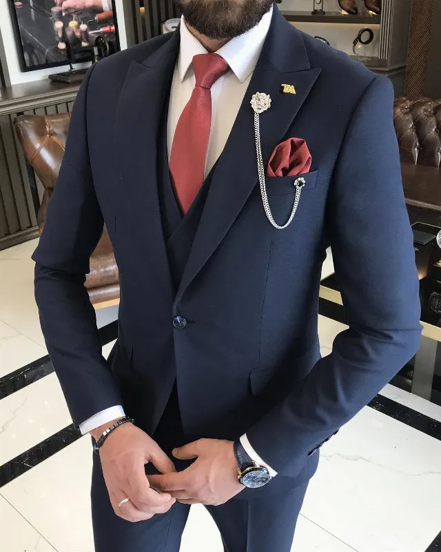 Classic Bespoke Dark Navy Slim Fit Three Pieces Peaked Lapel Business Men Suits