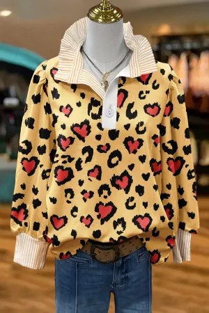 Classic Valentine's Day Leopard Heart Print Puff Sleeve Blouse