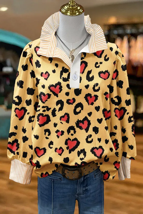 Classic Valentine's Day Leopard Heart Print Puff Sleeve Blouse