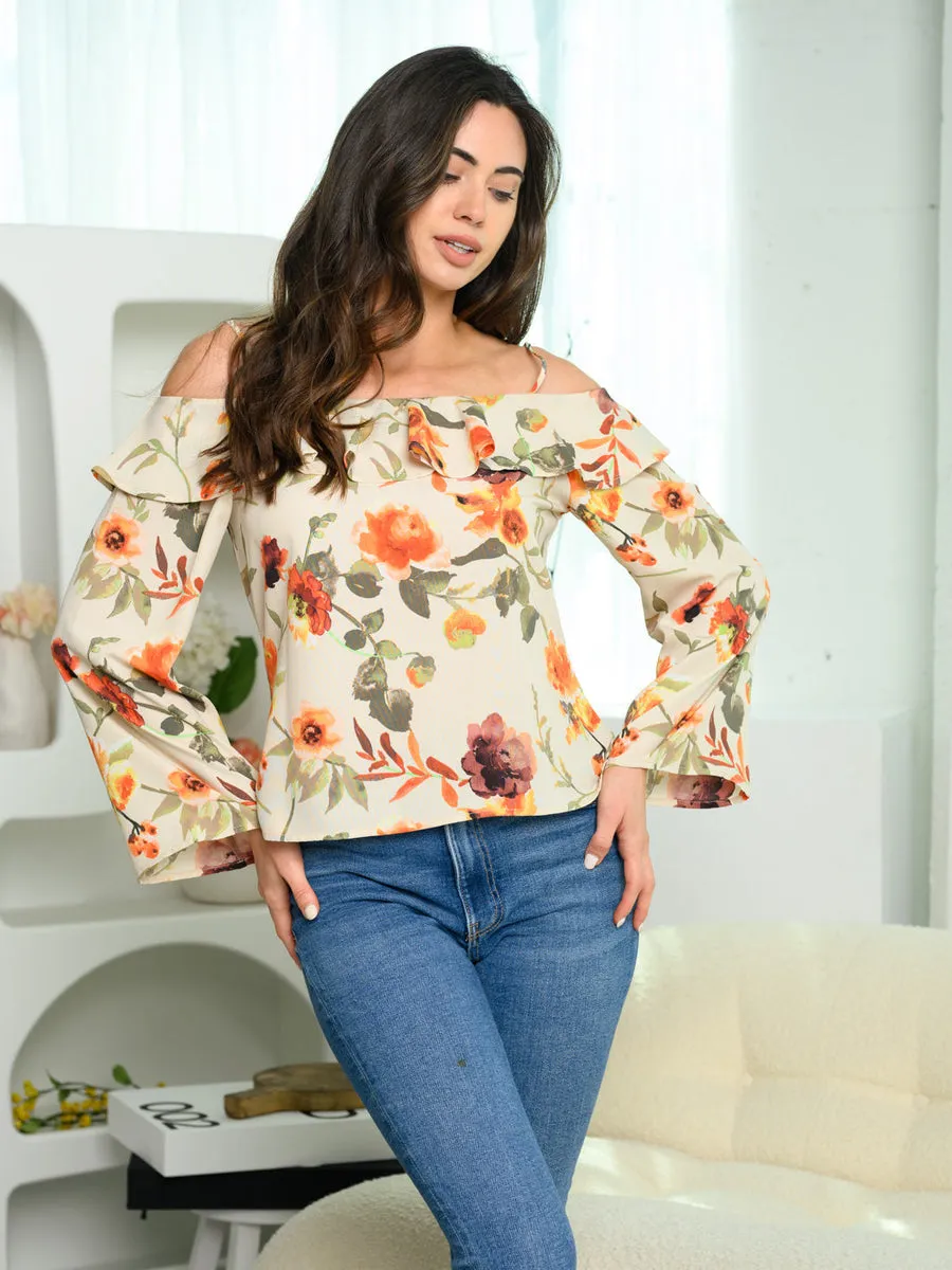 Cream LONG BELL SLEEVE FLORAL TOP