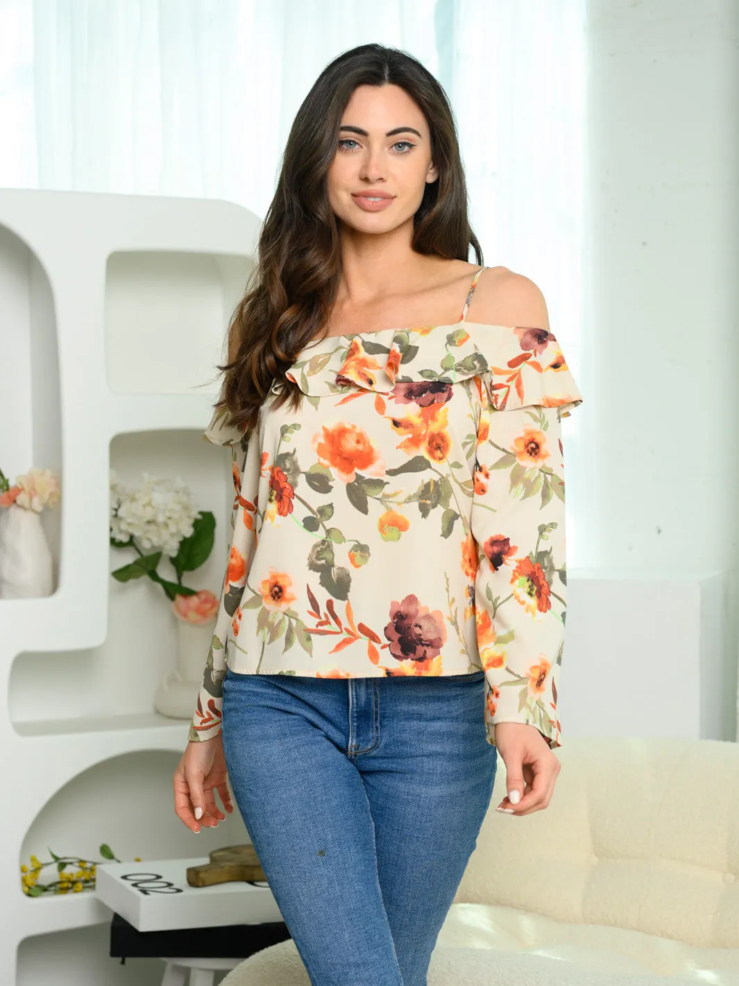 Cream LONG BELL SLEEVE FLORAL TOP