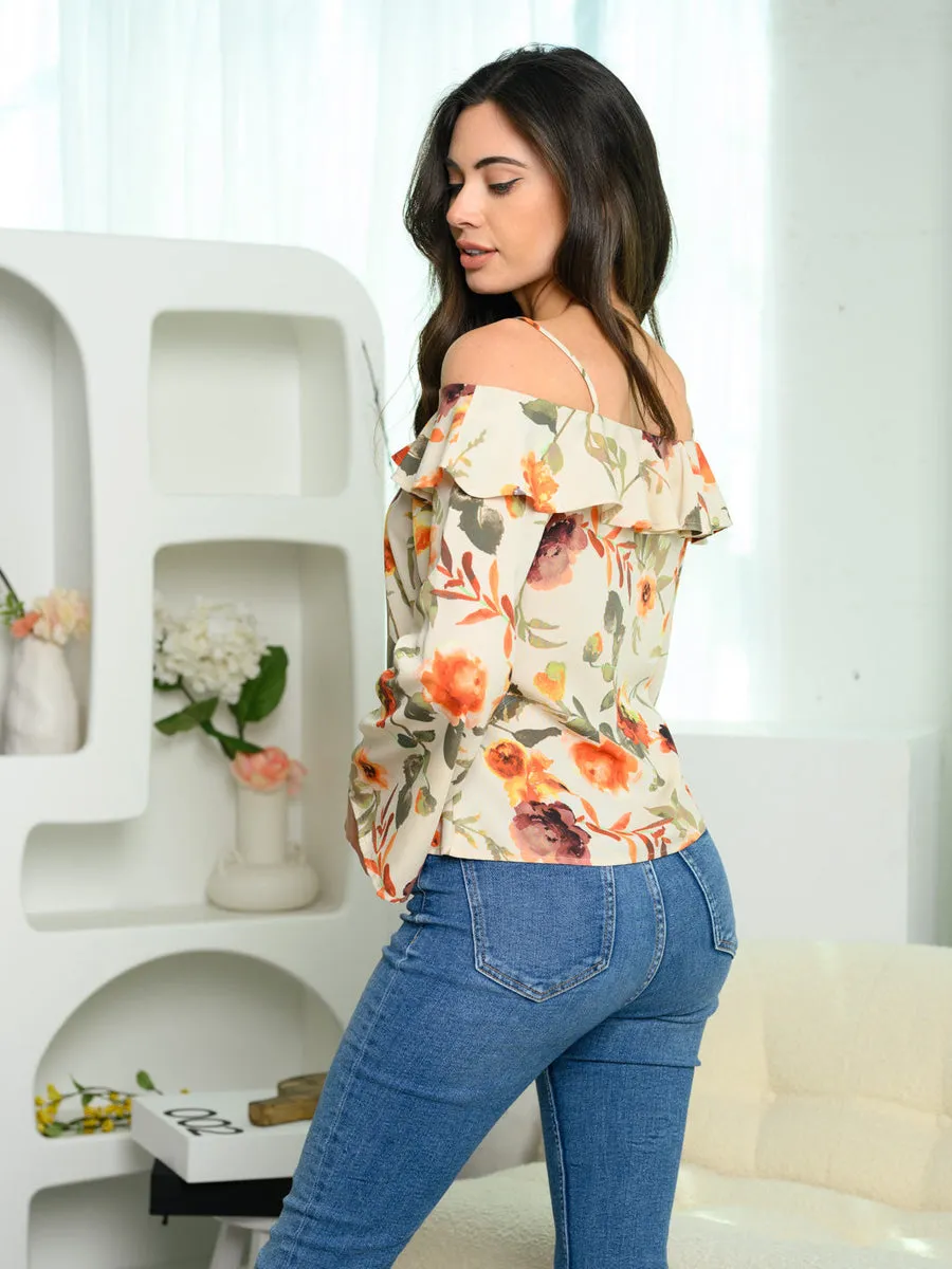 Cream LONG BELL SLEEVE FLORAL TOP