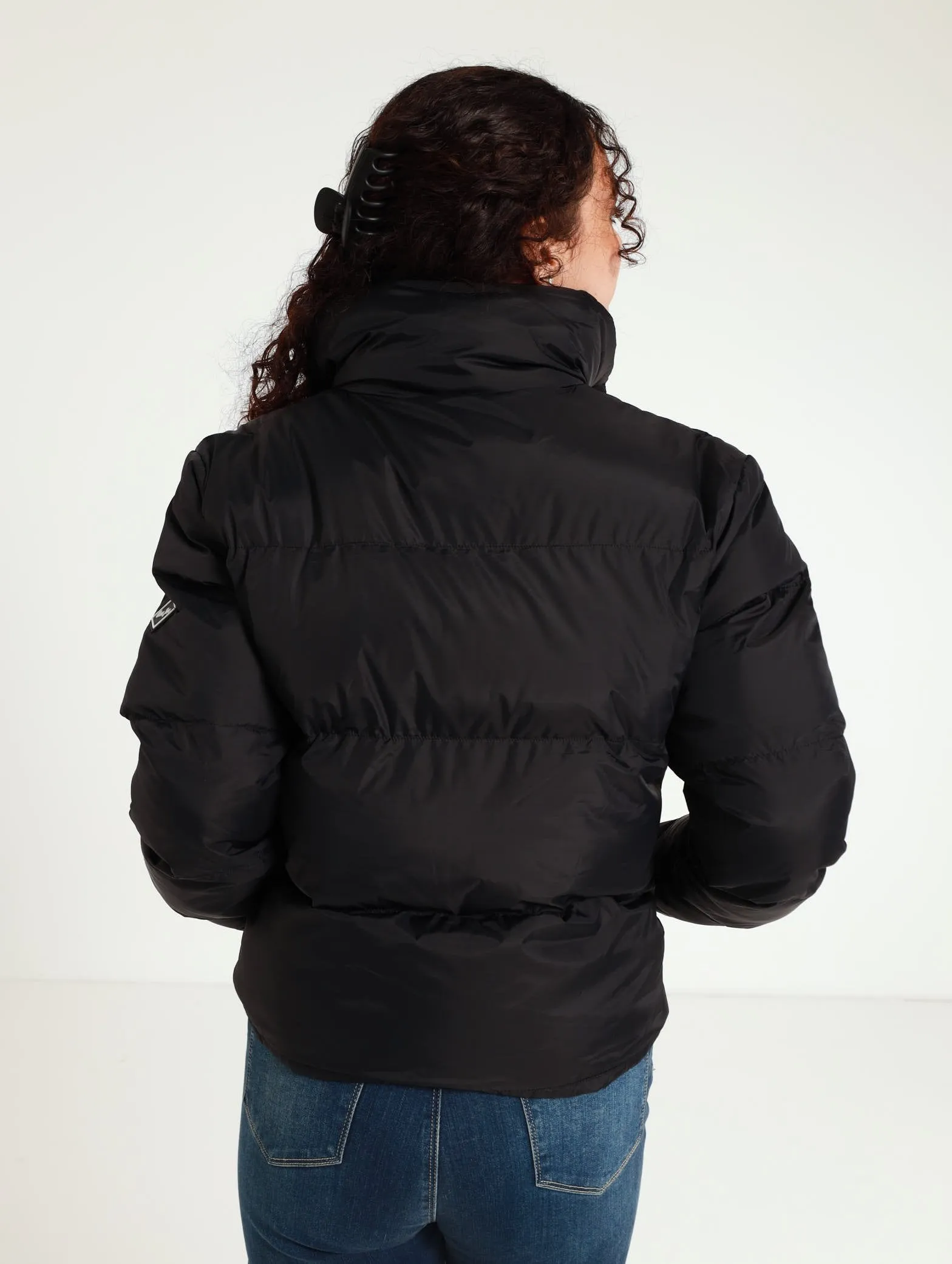 Cropped Embroidery Logo Puffer Jacket  - Black