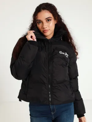 Cropped Embroidery Logo Puffer Jacket  - Black