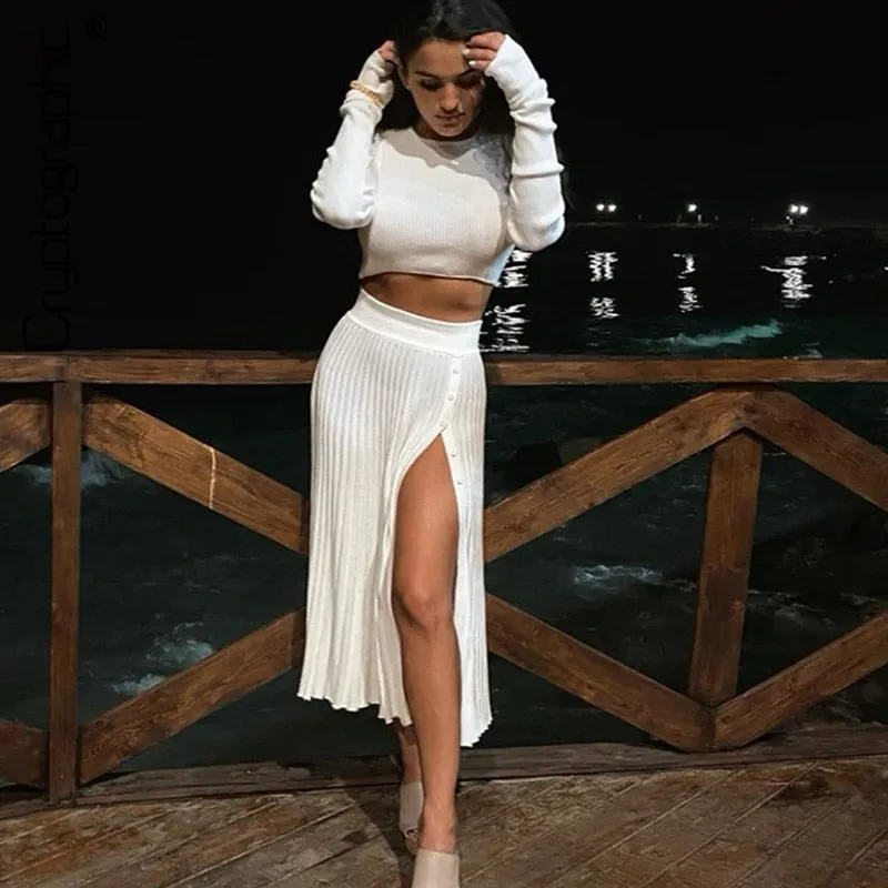Cryptographic Solid Sexy Sweater Cropped Top Midi Skirt Two Piece Set Women Matching Set Outfits Button Up Split Skirts Winter