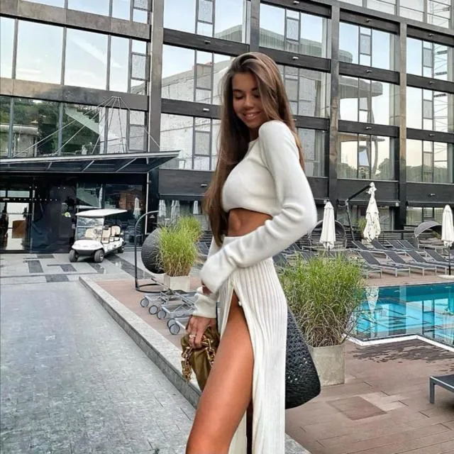 Cryptographic Solid Sexy Sweater Cropped Top Midi Skirt Two Piece Set Women Matching Set Outfits Button Up Split Skirts Winter