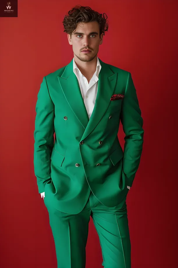 Custom Green Two-Piece Double-Breasted Suit for Men - Bespoke Wedding Suit, Tailored Custom Wedding Attire