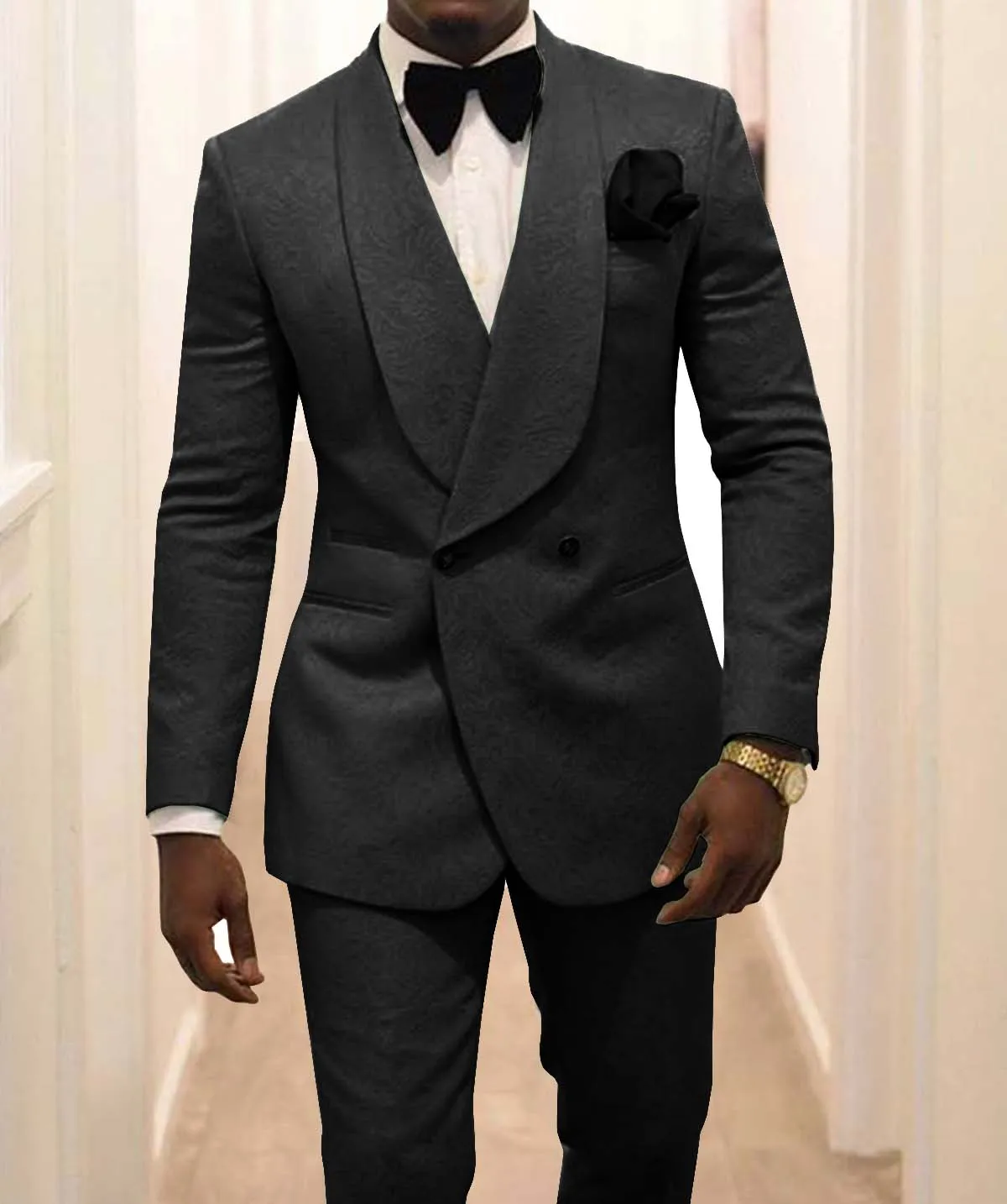 Custom Made Groomsmen White Pattern Groom Tuxedos Shawl Lapel Suits