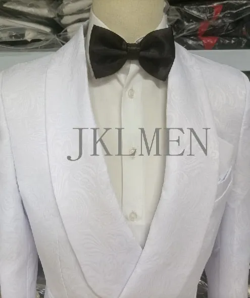 Custom Made Groomsmen White Pattern Groom Tuxedos Shawl Lapel Suits