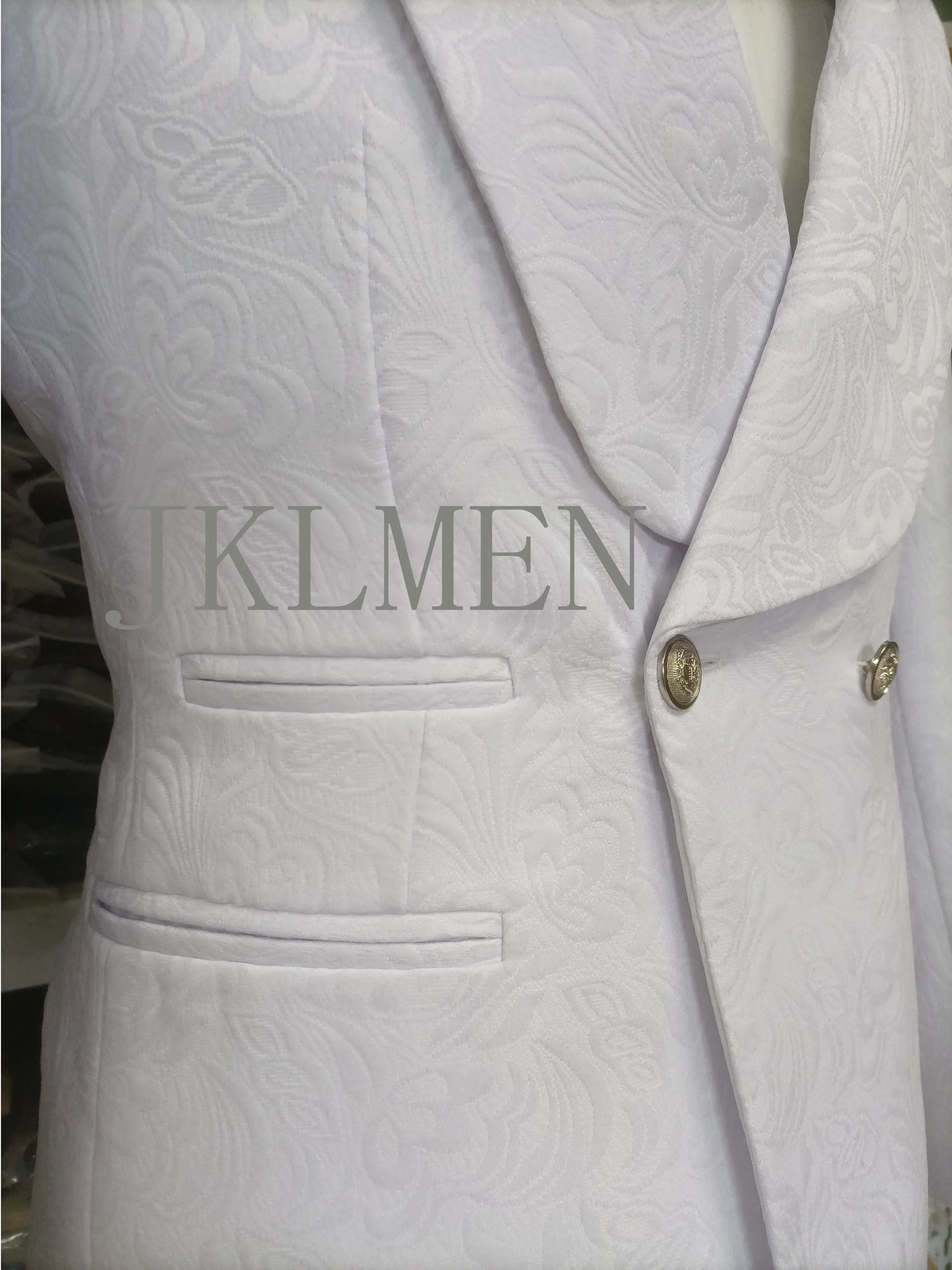 Custom Made Groomsmen White Pattern Groom Tuxedos Shawl Lapel Suits