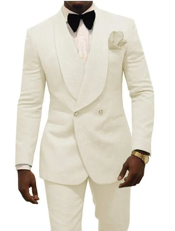 Custom Made Groomsmen White Pattern Groom Tuxedos Shawl Lapel Suits