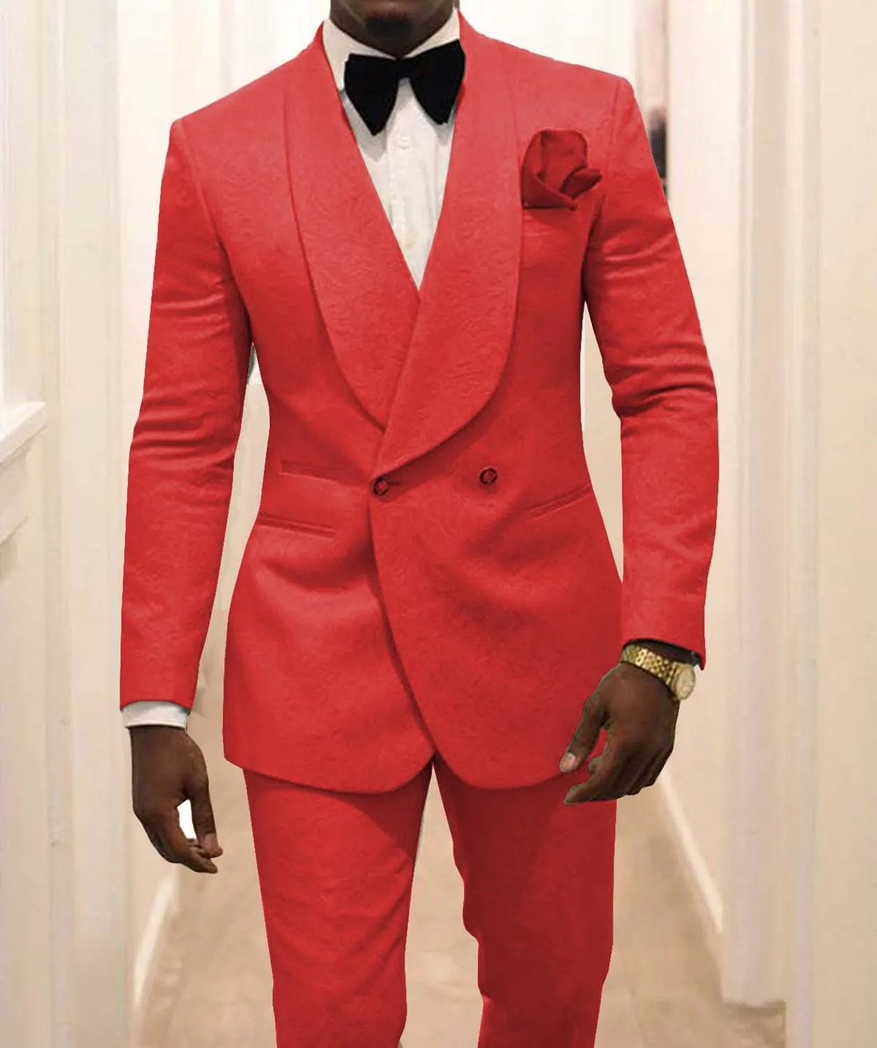 Custom Made Groomsmen White Pattern Groom Tuxedos Shawl Lapel Suits