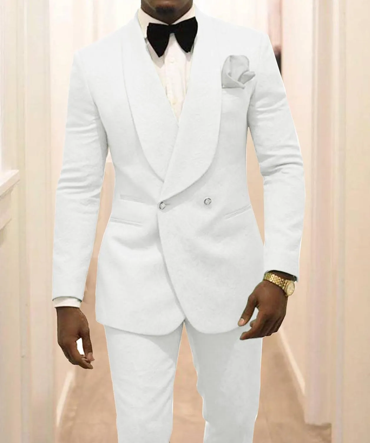 Custom Made Groomsmen White Pattern Groom Tuxedos Shawl Lapel Suits