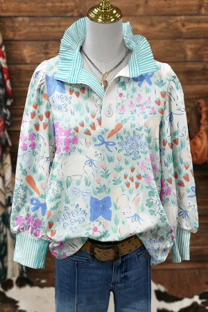 Cute Easter Bunny Print Puff Sleeve Blouse