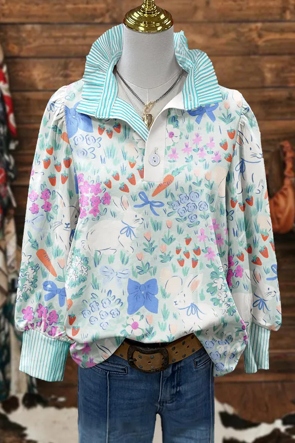 Cute Easter Bunny Print Puff Sleeve Blouse