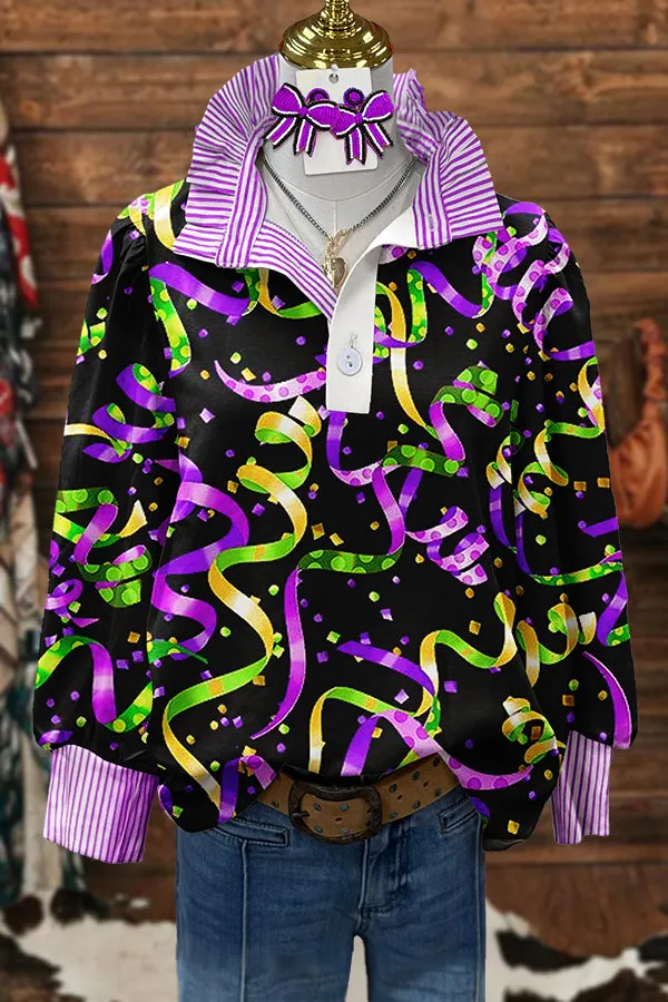 Cute Mardi Gras Print Puff Sleeve Blouse
