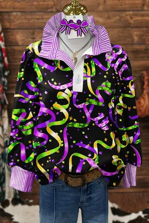 Cute Mardi Gras Print Puff Sleeve Blouse