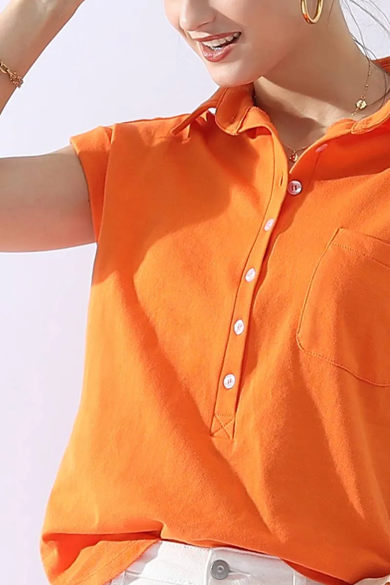 CWTTS698_JOHNNY COLLARS BUTTON CLOSER SHORT SLEEVE TOP: Orange / (S) 1